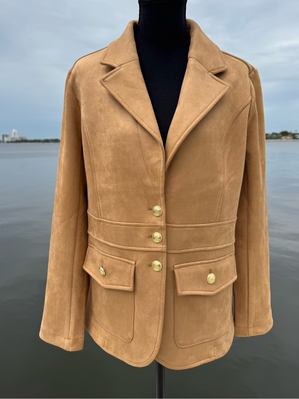 NWT, L Joie faux suede gold crest button tailored jacket. Equestrian chic